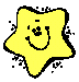 A yellow star-shaped cartoon character with a smiling face and black outline, shown in two animation frames on white and yellow backgrounds with pixelated edge effects.