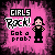 Pixelated icon with pink background showing a woman in black dress, text 'GIRLS Rock! Got a prob?', and animated text effects.