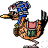 Pixelated animated character with blue headwear, orange body, and black tail feathers in four sequential poses showing walking motion.
