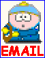 Pixelated cartoon character in blue uniform with yellow accents, holding brown circular object, red 'EMAIL' text below, changing facial expressions across frames.