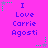 A static image with a bright pink background displays repeated text "I Love Carrie Agosti" in blue pixelated font, surrounded by green and purple star-shaped decorations.