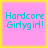 Four identical pink squares with cyan text "Hardcore Girlygirl!" on a yellow background, arranged in a