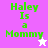 Green pixelated text 'Haley Is a Mommy' on a pink background with a white star icon, transitioning to a white background with a pink star icon.