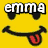 Yellow smiley face with black eyes and a tongue sticking out, text 'emma' above on yellow background.