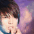 Two anime-style characters on left, black background with white text on right; top character has dark brown hair, purple background, hand near face; bottom character has blonde hair, light background, shirtless with towel.