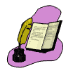 A static icon shows a yellow quill pen resting on an open book with visible text, above a black inkwell on a purple background.