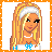 Pixelated cartoon-style buddy icon featuring a blonde woman with white headband and blue bikini top on left, next to orange background with "blonde at heart" text and butterfly graphics on right.