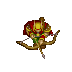 Pixelated character in red and gold armor draws a brown bow, shown from three angles against gray background.