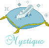Pixel art of a glass slipper on a blue cushion with yellow trim, surrounded by small snowflake-like shapes and the word 'Mystique' in light blue script below.
