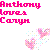 Pixelated pink text reads 'Anthony Loves Coryn' above two heart-shaped figures with scattered colored dots on a white background.