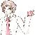 Pixelated icon of a figure with light brown hair, dark eyes, and pink clothing holding a small object against a white background.