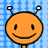 Pixelated orange circular alien head with two antennae, black eyes and smile on blue grid background.