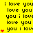 Yellow background with repeated black text "i love you" and "you i love" in pixelated font, interspersed with red heart symbols in varying quantities per