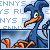 Blue bird-like character with orange beak and feet, seated with legs crossed, against a background of repeating 'ENNY'S RULES' text.