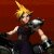 Pixelated character with spiky blonde hair, blue eyes, and a dark sleeveless top holding a large silver sword against a solid red background.