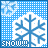 Pixelated blue snowflake icon with 'SNOW!!!' text on blue checkered background, showing subtle animation of falling snowflakes.