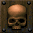 Pixelated skull icon on brown metal plate with four bolts, showing sequential animation frames of head turning left to right.
