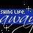 Animated contact sheet showing 12 sequential frames of a text-based icon with repeating blue banners and white script over black background, displaying variations of 'SHING LIFE.' text.