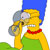Pixelated character with yellow skin, blue hair, red bow tie, green shirt holding a gray telephone receiver to their ear.