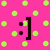 A static pixel art image with a bright pink background featuring scattered light green circular dots and a large black right bracket symbol with two small black dots inside it.