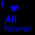 Blue pixelated text and heart symbol on black background: 'I' followed by a blue heart, then 'Ali', then 'forever'.