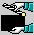 Pixelated animation of a film clapperboard with teal and white elements, black background, and yellow checkered detail.