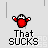 Pixelated red and white character with multiple poses above 'That SUCKS' text on gray background with faint lines
