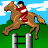 Pixelated image of a rider in red and white clothing on a brown horse jumping over a black-and-white obstacle against green grass and blue sky with clouds.