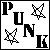 Black-and-white pixel art with scattered letters and star-like symbols, arranged in six showing identical static content
