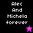 Pixelated text 'Alec And Michela forever' appears in white on black, purple, and pink backgrounds with a pink star and black star icon.