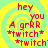 Pixelated text on a yellow and green spiral background with red lettering, showing repeated 'hey you A grrr *twitch* *twitch' phrases.