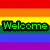 six pixelated icons with text overlays: rainbow stripes, a rainbow with a bunny, a peace sign, a textured pattern, a rose, and a yellow emoji-like face
