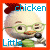 Pixelated cartoon chicken with green glasses and red comb, holding a black microphone against white background, bordered by colored frame.