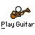 Pixel art animation contact sheet showing six frames of a guitar-playing character with white circular head and brown body, each frame paired with "Play Guitar" text on gray background.