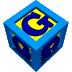 Blue cube with yellow face displaying dark blue letter G, arranged in a of identical cubes on gray background