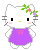 Pixelated Hello Kitty avatar in purple dress with pink bow, green floral headpiece, and yellow nose, shown in two poses against gray background.