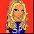 A 3x2 contact sheet of six animated frames from a pixel art buddy icon featuring a blonde character in blue SP attire, with red background panels and text elements.