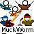 Pixel art band with four members playing instruments under text reading 'Muck Worm' on gray background.