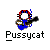 Pixelated character with red and black circular head, white face, blue body, holding a guitar, with 'Pussycat' text below on gray background.