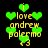 Green heart shapes and yellow text reading 'i love andrew palermo <3' on a black background, with animated green hearts floating upward.