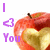 Pixelated image showing a red apple with a bite taken out, next to purple text reading 'I <3 You' on white background.