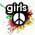 six pixelated images with text and symbols: 'girls' over a peace sign, 'just' over splatter, 'wanna' over a heart, 'have' over a crowd, 'FUN' over hands, and a blue symbol
