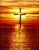 A static pixelated image shows a dark cross centered against a gradient background of orange, yellow, and red hues with horizontal bands.