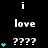 Pixelated icon with repeated 'i love' text and question marks, featuring cyan heart symbols that animate in vertical sequences.
