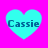 Four cyan hearts on a bright pink background, each containing the text 'Cassie' in dark blue pixelated font.