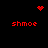 Red pixelated text 'shmo' appears in four corners of a black background, with a red heart and two red dot clusters animating in the center and top-right.