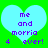 Two identical light blue hearts on a bright green background with purple text reading 'me and morria 4 ever!' inside each heart.