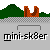 Pixel art animation of a character in yellow and red attire moving across a gray platform with green hills and brown structures, labeled 'mini-sk8er' below.