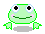 Four pixelated green frog icons with black eyes, white pupils, pink cheeks, and smiling mouths arranged in a on gray background
