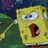 Pixelated yellow sponge character with wide eyes and open mouth on blue background, surrounded by green pixelated text fragments.